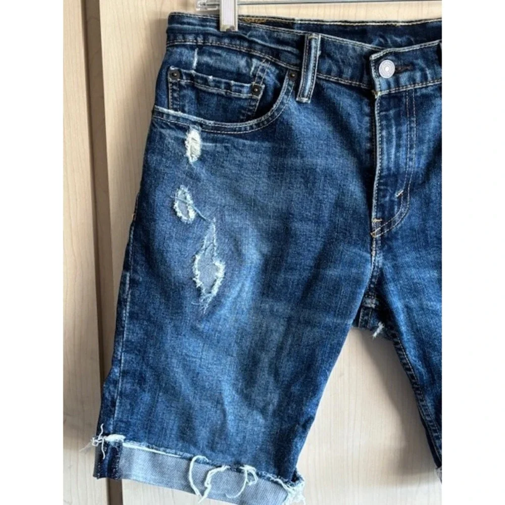 Levis 511 Shorts Mens 31 Blue Denim Cutoff Distressed Raw Hem Jeans w/ Patches‎